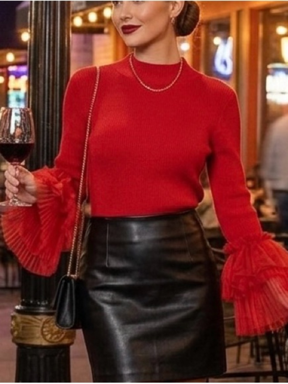 Vince Camuto Red Ribbed Knit Mock Neck Tulle Ruffle Sleeve Sweater NWT Size : S - Picture 10 of 11
